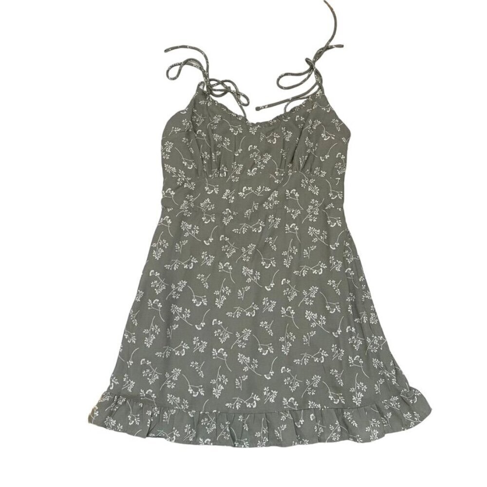 Abercrombie & Fitch Sage Green Floral Shoulder Tie Mini Dress Pockets Size Med - Picture 7 of 8
